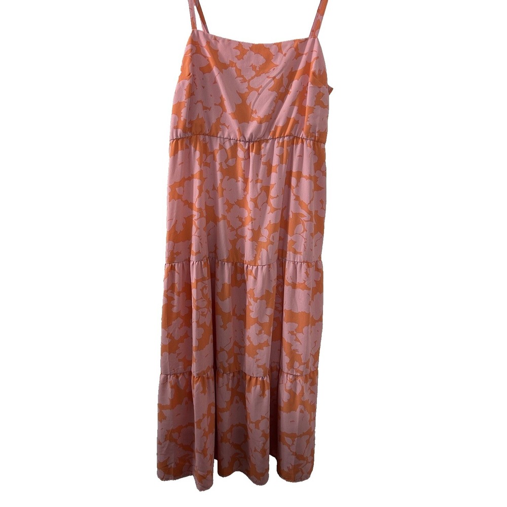 Floral Tiered Maxi Dress L Pink Orange Adjustable Straps Boho Summer Cottagecore